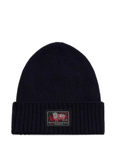 Woolrich Logo-patch Ribbed-knit Beanie Hat In Blue