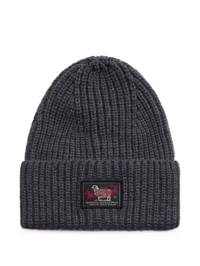 Woolrich Logo-patch Ribbed-knit Beanie Hat In Grey