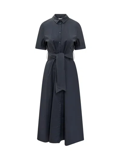 Woolrich Long Dress With Belt In Melton Blue