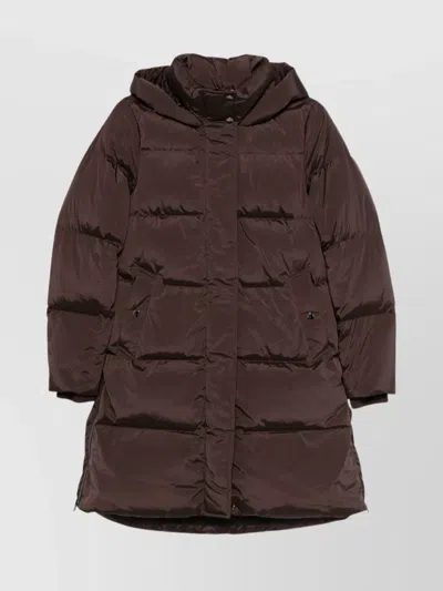 Woolrich Long Hooded Down Jacket And Pockets In Brown