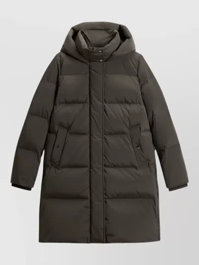 Woolrich Long Hooded Down Jacket Casual Style In Brown