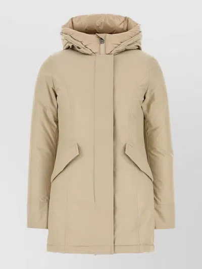 Woolrich Long Hooded Parka Quilted Design Pockets In Neutral