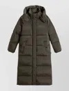 Woolrich Long Hooded Quilted Coat Front Pockets In Animal Print