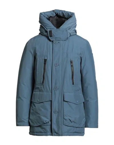 Woolrich Man Coat Slate Blue Size L Cotton, Polyamide