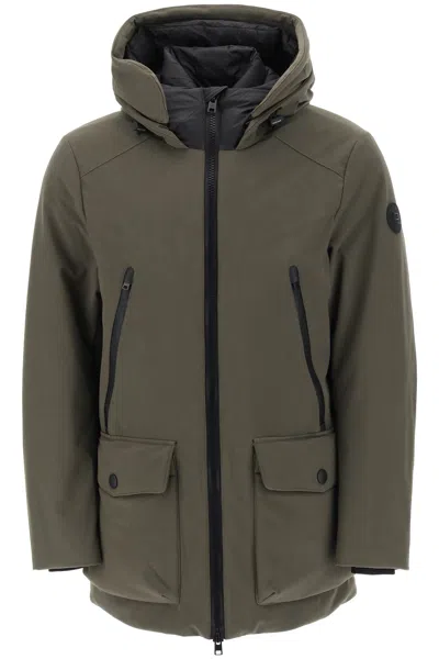 WOOLRICH MEN'S GREEN PADDED PARKA JACKET WITH REMOVABLE HOOD AND ADJUSTABLE WAISTBAND IN SOFT SHELL FABRIC