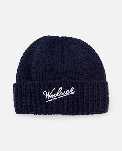 Woolrich Logo Intarsia Knit Beanie In Blue