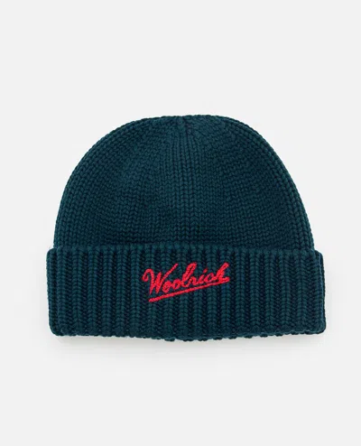 Woolrich Merino Wool Logo Beanie In Blue