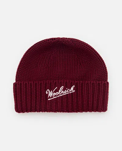 Woolrich Merino Wool Logo Beanie In Red