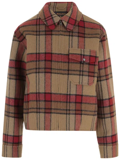 Woolrich Multi Wool-blend Check Pattern Cropped Jacket In Brown