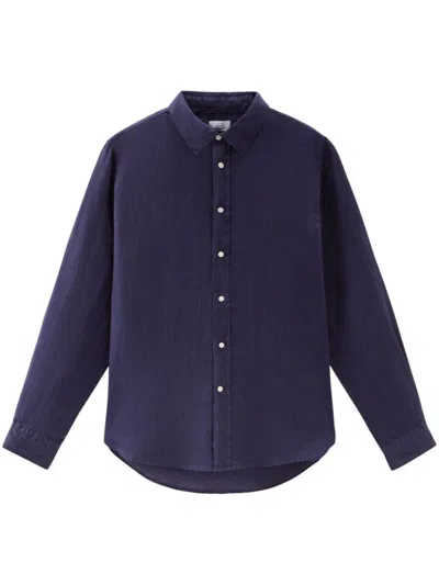 Woolrich Point-collar Linen Shirt In Blue