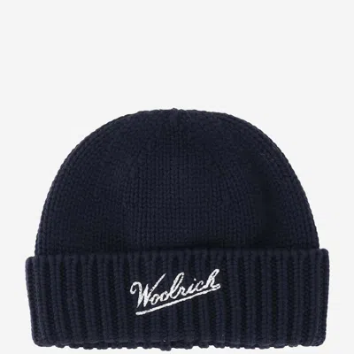 WOOLRICH NAVY BLUE LOGO BEANIE HAT