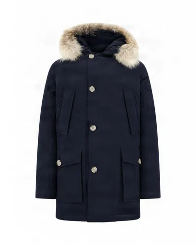 Woolrich Navy Parka With Detachable Coyote Fur Trim And Protective Hood In Black