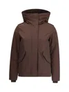 Woolrich Long-sleeved Hooded Parka Coat In Brown