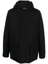 Woolrich Padded Jet Black Parka With Logo Print And Drawstring Hood In Black