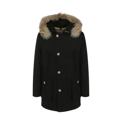Woolrich Navy Blue Hooded Coat In Black