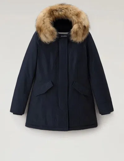 Woolrich Hooded Parka Fur Trim In Blue