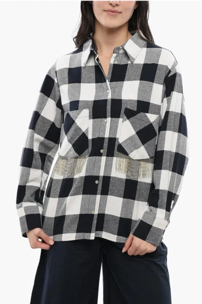 Woolrich Plaid Check Cotton Blend Shirt With Fringed Details In Black