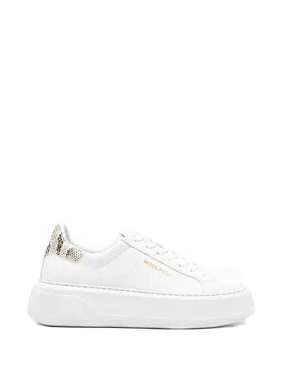 Woolrich Leather Court Sneakers Platform Sole Snake Detail In White