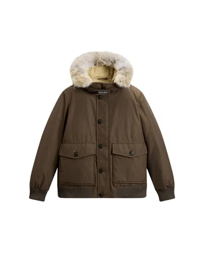 Woolrich Polar Ramar Cloth Detachable Fur Bomber Jacket In Brown