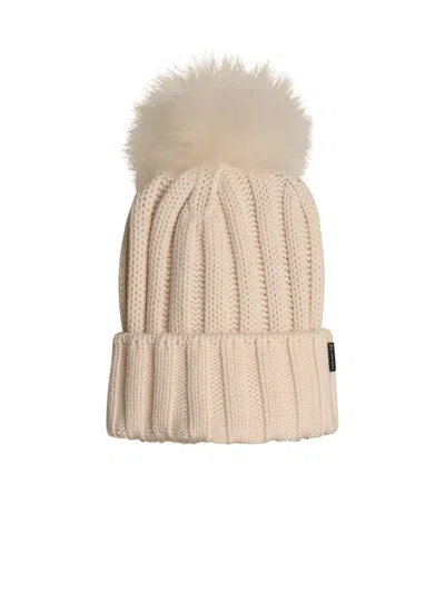 Woolrich 'pon Pon' White Virgin Wool Beanie In Beige