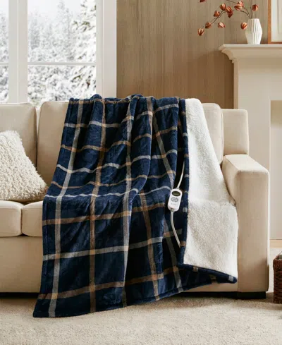 Woolrich Print Plush To Sherpa Heated Throw, 50" X 60" In Blue