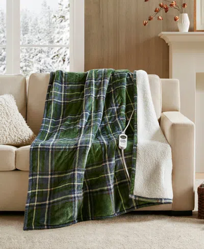Woolrich Print Plush To Sherpa Heated Throw, 50" X 60" In Green