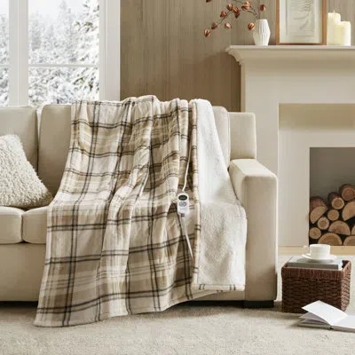 Woolrich Print Plush To Sherpa Heated Throw In Tan Plaid