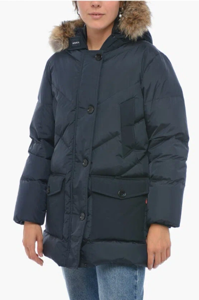 Woolrich Quilted Down Jacket With Real Fur In Blue