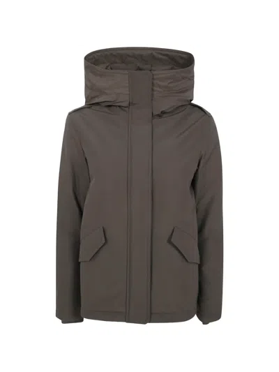 Woolrich Quilted Hooded Jacket In Brown