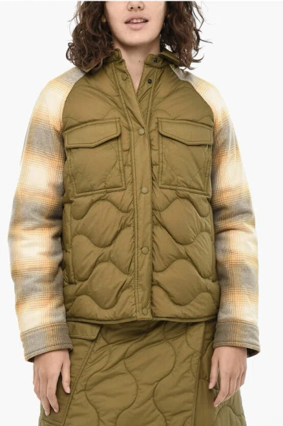 Woolrich Quilted Lightweight Alba Down Jacket With Wool Sleeve In Green