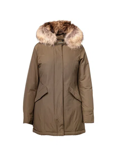 Woolrich Raccoon Fur-trimmed Parka Coat In Taupe