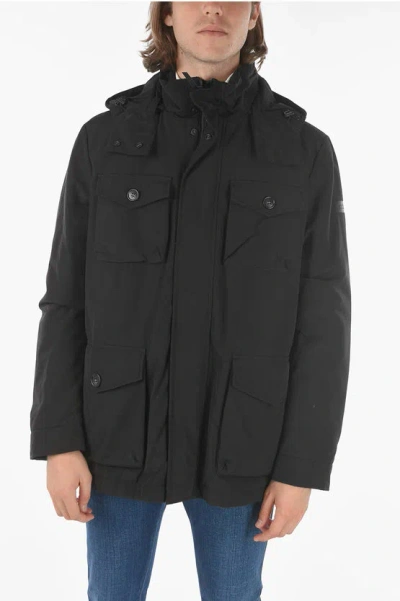 Woolrich Removable Hood Camou Field Utility Down Jacket In Black