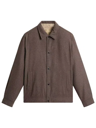 Woolrich Removable Logo-tab Wool Snap Shirt Jacket With Adjustable Cuffs & Waist In Brown