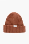 Woolrich Ribbed Virgin Wool Beanie In Brown