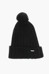 Woolrich Ribbed Wool Beanie With Pompom In Black