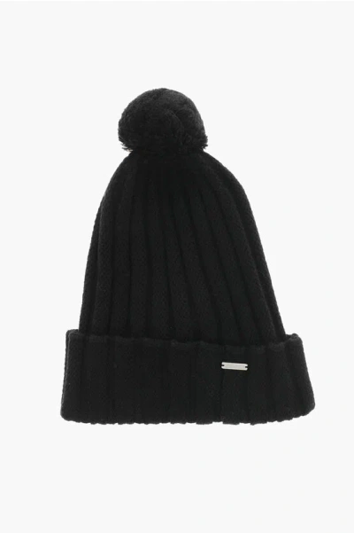 Woolrich Ribbed Wool Beanie With Pompom In Black