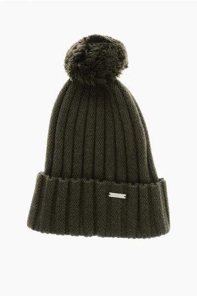 Woolrich Ribbed Wool Beanie With Pompom In Black