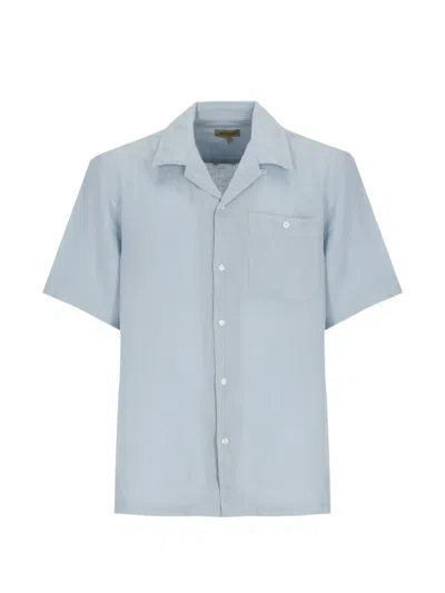 Woolrich Linen Shirt Short Sleeves Collar Neckline Pocket In Blue
