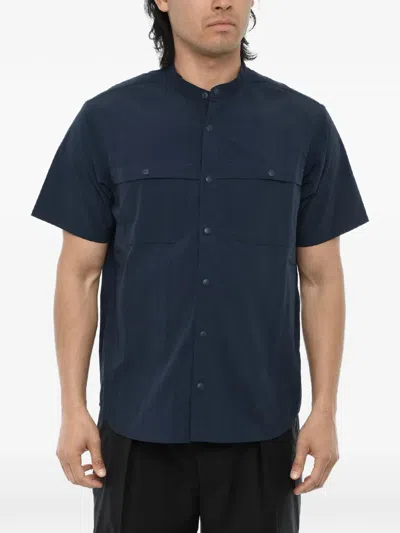 Woolrich Short-sleeve Mandarin-collar Shirt In Blue