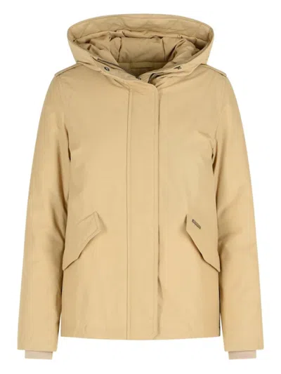 WOOLRICH SOFT COTTON-POLYAMIDE BLEND BEIGE JACKET WITH HOOD