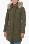 Woolrich Solid Color Modern Maxi Down Jacket With Real Fur In Green