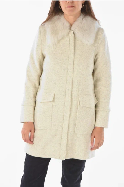 Woolrich Solid Color Wool Blend Coat With Real Fur Details In Neutral