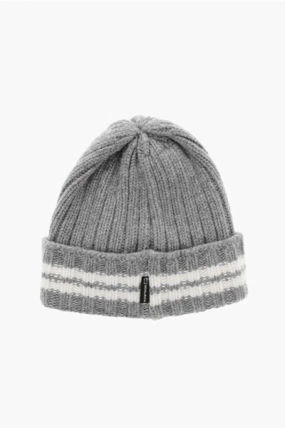 Woolrich Stripe Detailed Wool Beanie In Gray