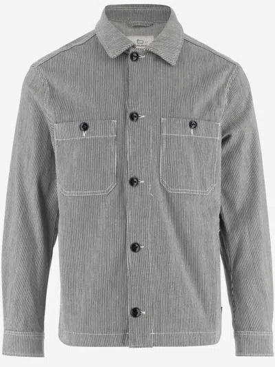 Woolrich Striped Straight Hem Overshirt In Blue Stripe
