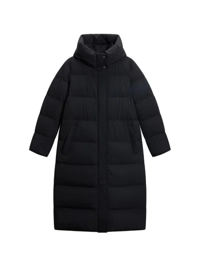 Woolrich Striped Quilted Hooded Stand-up Collar Mini Coat In Black