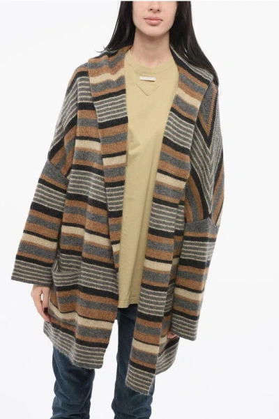 Woolrich Striped Wool Blend Maxi Cardigan With Hood In Grey