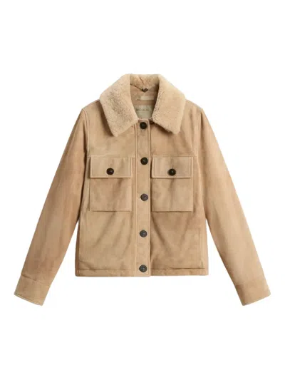 Woolrich Suede Shearling-collar Jacket In Neutral