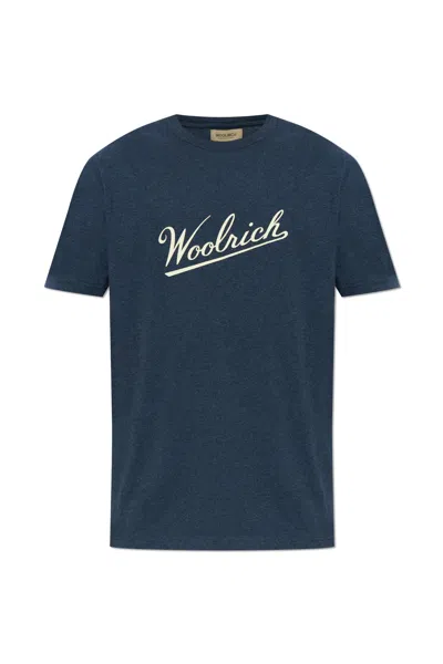 Woolrich T-shirt With Velvet-finish Logo In Blu