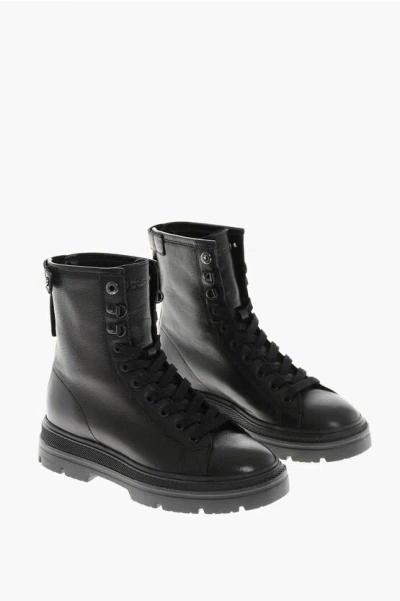 Woolrich Textured Leather Military Lace-up Booties With Vibram Sole In Black