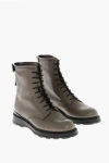 Woolrich Textured Letaher Combat Boots With Contrasting Sole In Gray